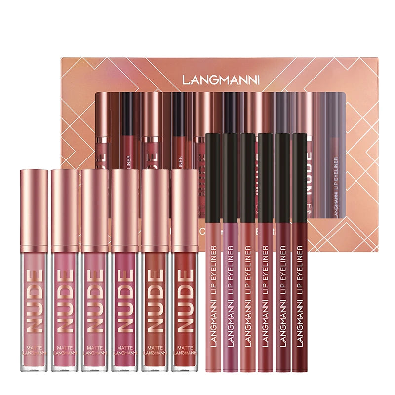 12 Piece Lip Liner and Lip Gloss Set Non-Sticky Matte Lip Liner Lip Gloss Set Moisturizing glossy, long-lasting non-removal Gift Peaceful Pleasures Health and Wellness L2108lip liner