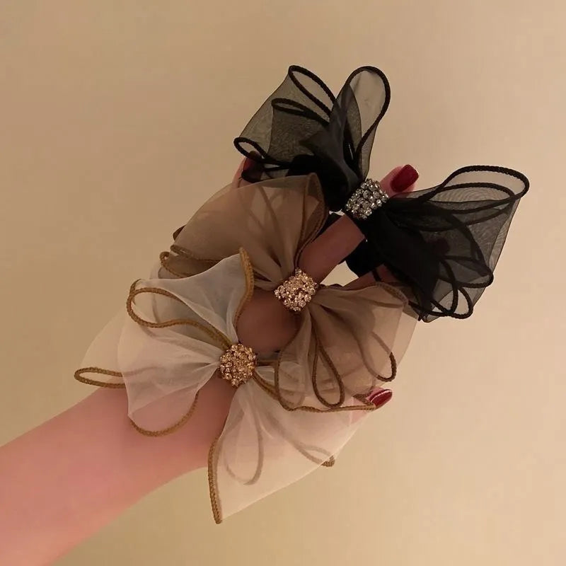 New Mesh Rhinestone Bow Hair Ties Scrunchies Women Girls Elastic Hair Bands Headwear Ribbon Bowknot Ponytail Hair Accessories Peaceful Pleasures Health and Wellness