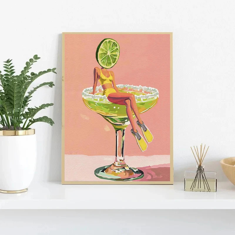 Coffee Martini Cocktail Margarita Drink Girl Jumping Into Wine Glass Fun Poster Canvas Printing Wall Art Bar Club Kitchen Decor Peaceful Pleasures Health and Wellness
