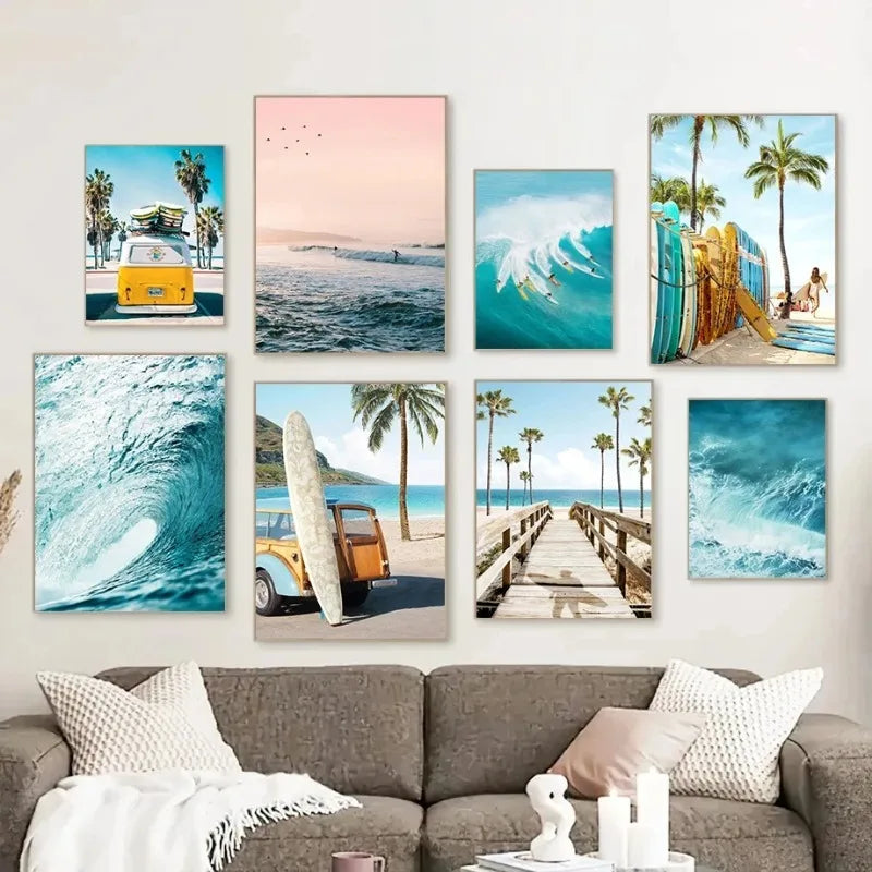 Summer Sunshine Beach Surf Palm Trees Sea View Poster Canvas Paintings Wall Art Pictures Home Decor Peaceful Pleasures Health and Wellness
