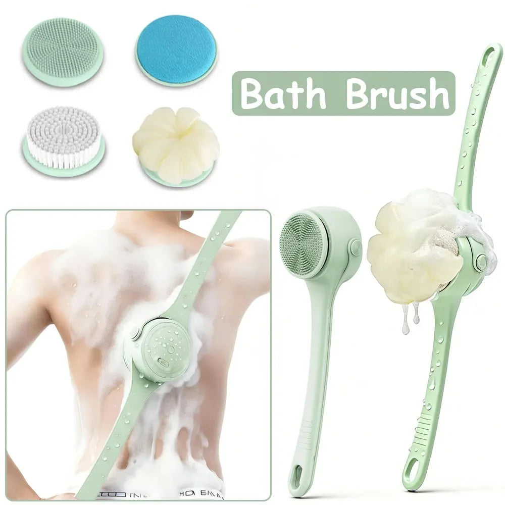 Electric Body Brush 4 Heads Waterproof Long Handle Shower Back Scrubber USB Rechargeable Exfoliating Bath Cleaning Brush Peaceful Pleasures Health and Wellness green