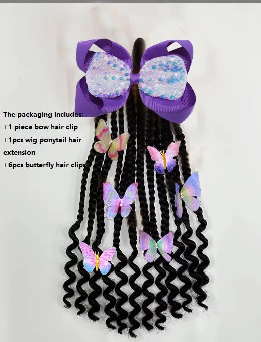 Kid Ponytail Braid Hair Extensions with Curly Ends - Elastic with Butter/ Dreadlock Hair Beads- Protective Hairstyle Detachable Peaceful Pleasures Health and Wellness Butterfly purple