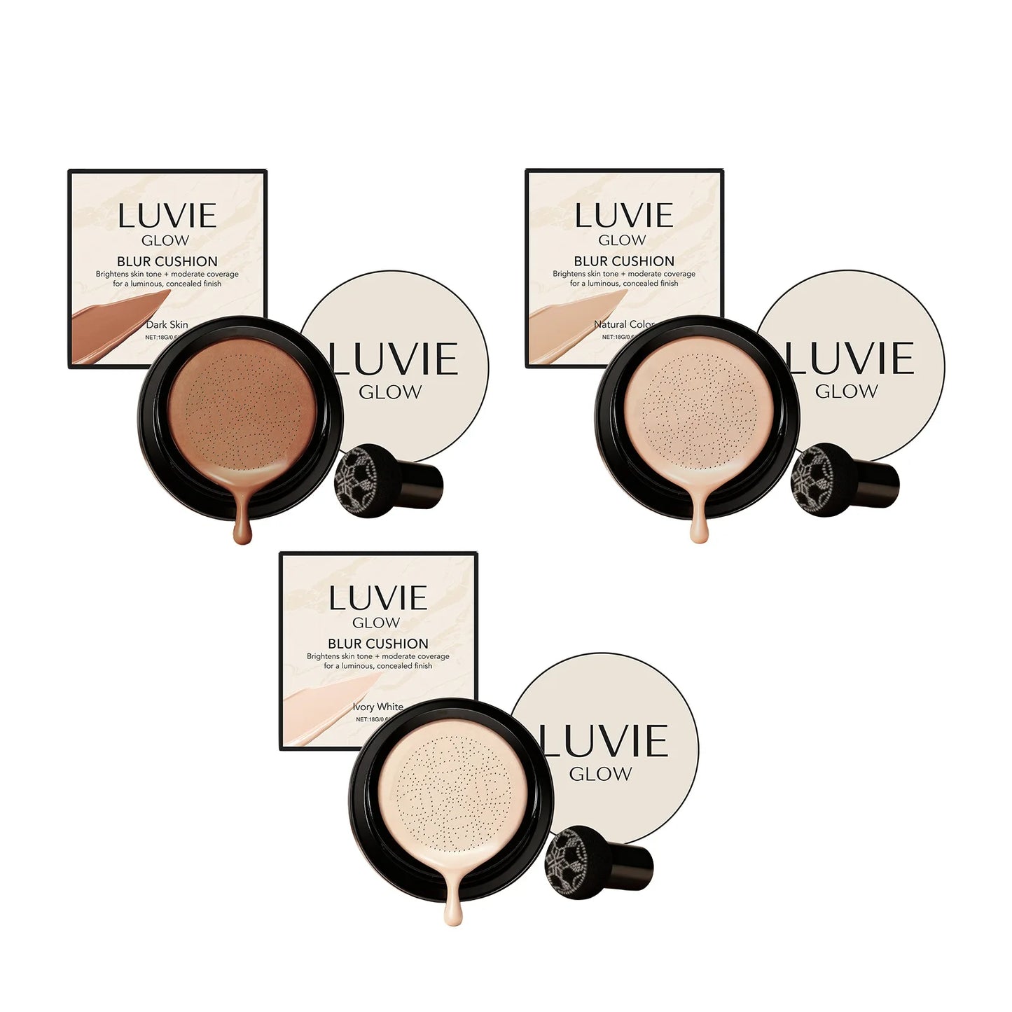 Long-Lasting Air Cushion Foundation Natural Coverage Blemishes Smooth Brightening Skin Oil Control Sweatproof Facial Base Makeup Peaceful Pleasures Health and Wellness 3 Color Set