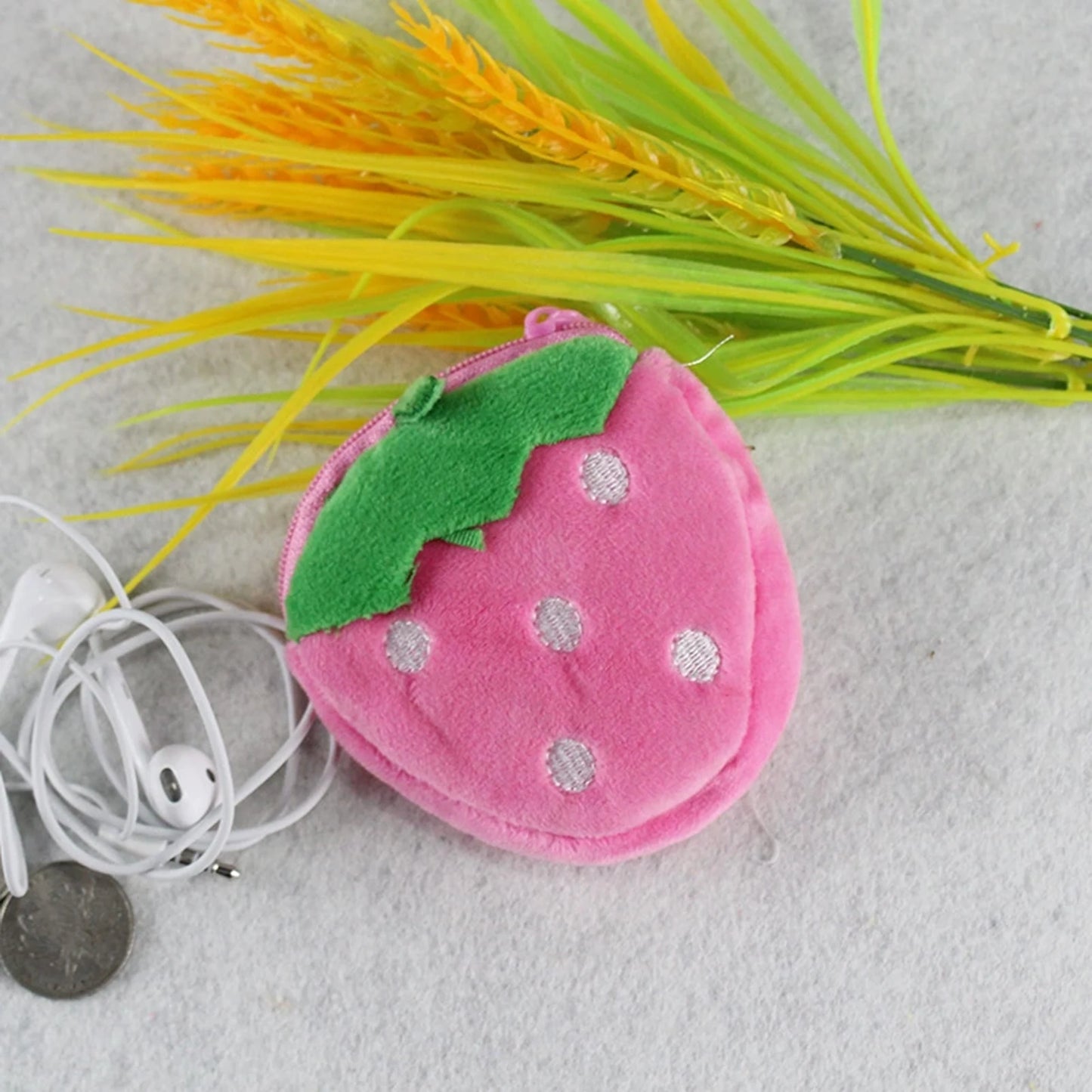 Strawberry Plush Coin Purse – Cute Fruit Zipper Wallet for Girls