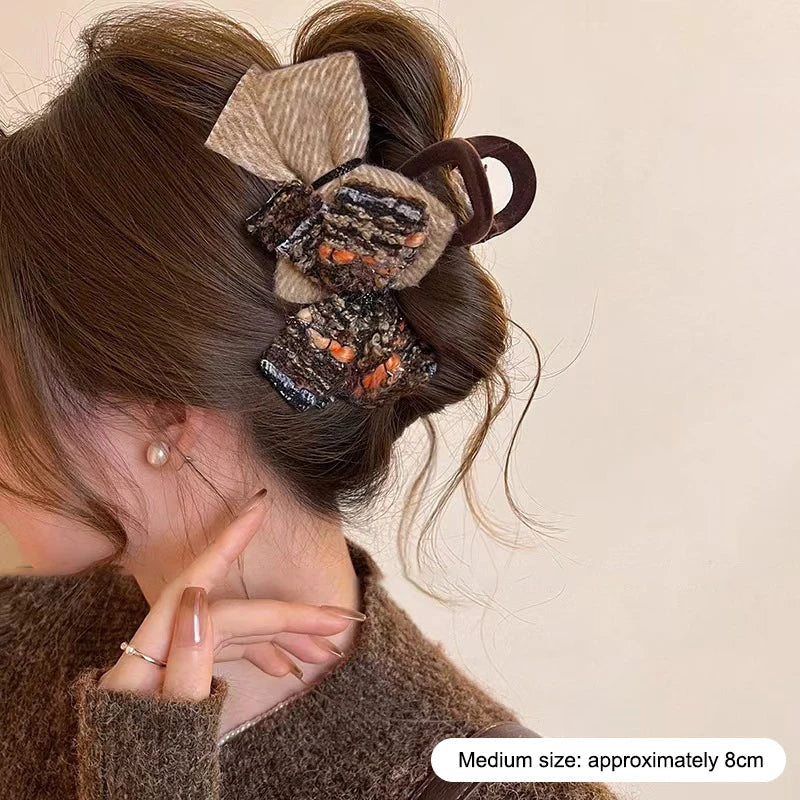 Retro Double Bow Color-Block Large Shark Hair Clip for Women
