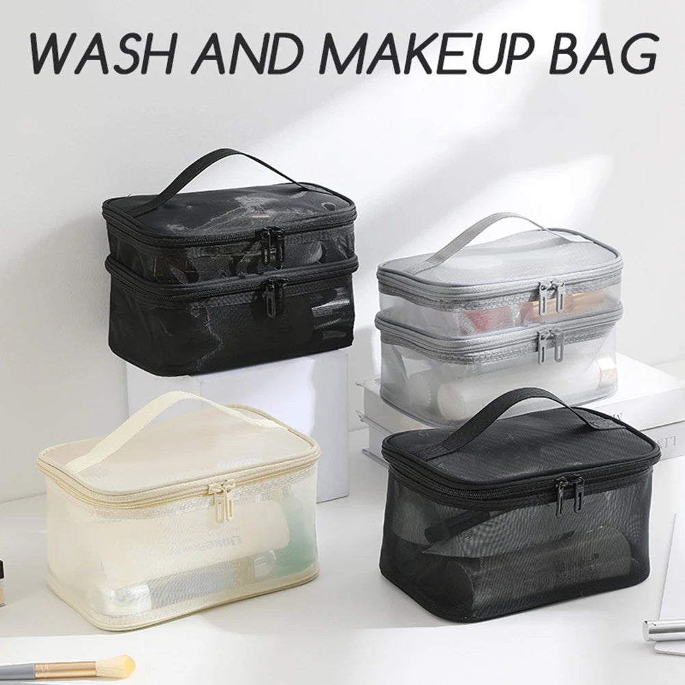 Double Layer Mesh Cosmetic Bag Women's Portable Makeup Toiletry Organiser Pouch With Zipper Large Makeup Pouch For Business Trip Peaceful Pleasures Health and Wellness
