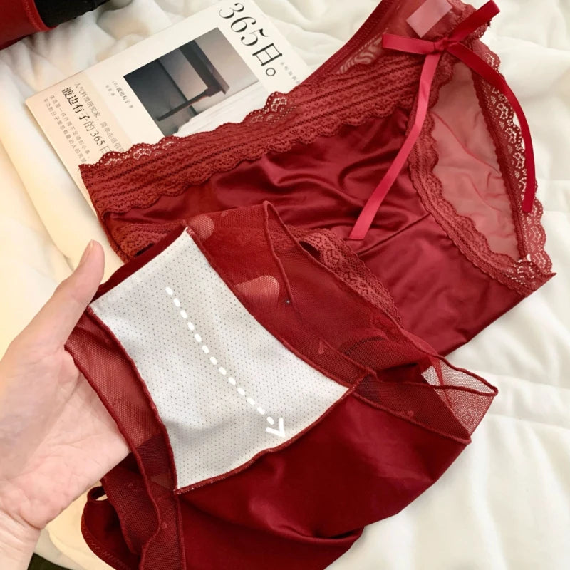 Women's Cherry Red Lucky Satin Mesh Mid-Waist Brief Panties