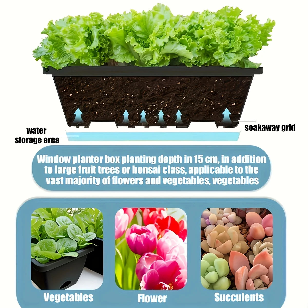 3-Pack Rectangle Window Box Planters with Drainage Holes