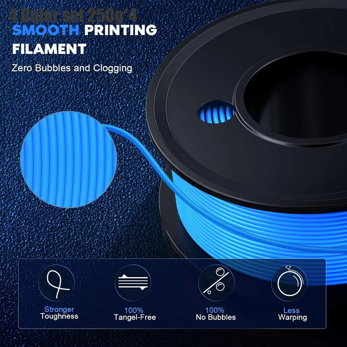 PLA 1.75mm 3D Filament Set 4 Colors ±0.02mm – 250g×4 Spools