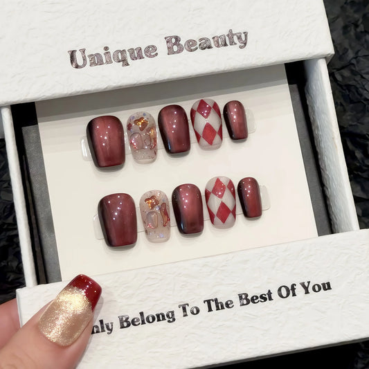 Handmade Press on Nails Red Cat Eyes Sequins Fake Nails Full Cover Wearable Hand-painted Grid Pattern Short False Nail Patches Peaceful Pleasures Health and Wellness S
