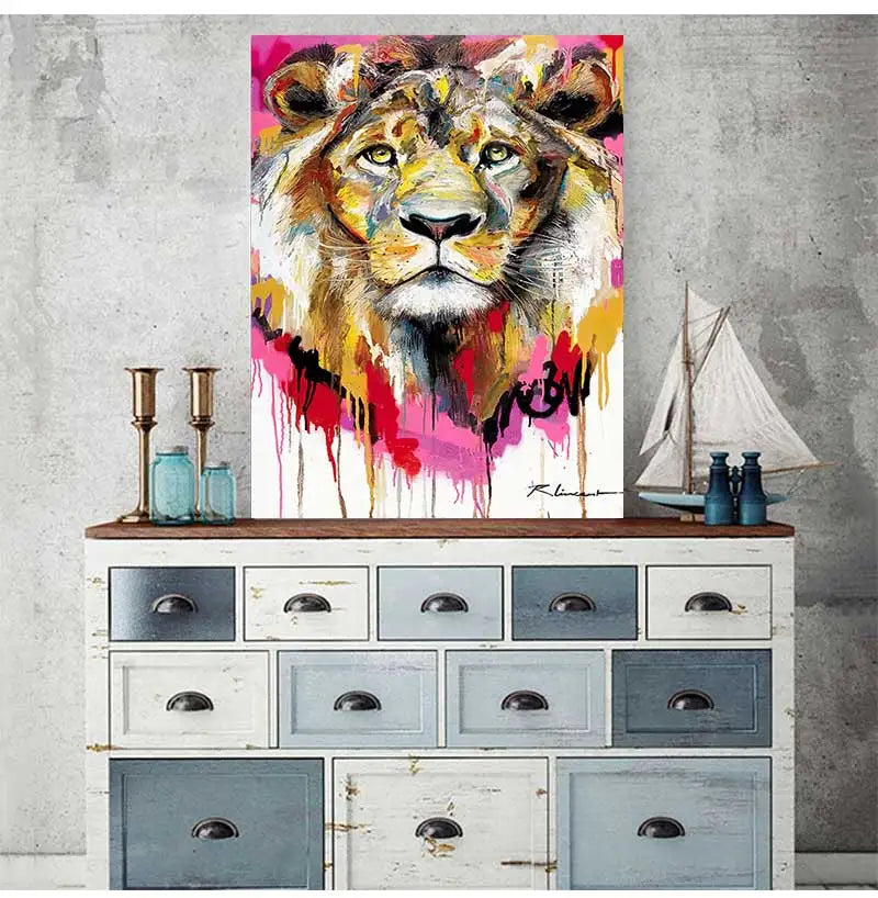 Abstract Colorful Lion Canvas Wall Art | Modern Animal Print