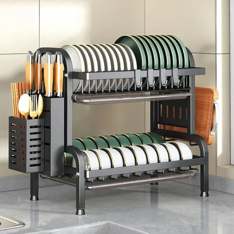 Carbon Steel Kitchen Dishes Drying Storage Rack With Drain Tray Large-capacity Plate Rack Cutlery Chopping Board Tool Organizer Peaceful Pleasures Health and Wellness