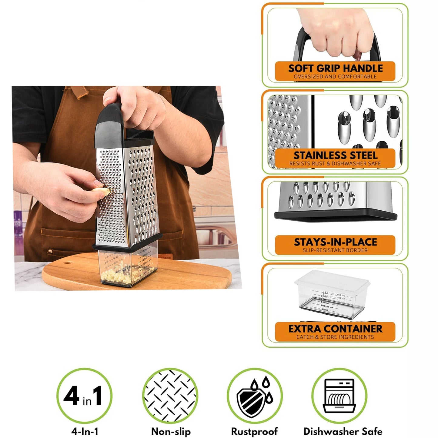 4-Sided Stainless Steel Box Cheese Grater with Container