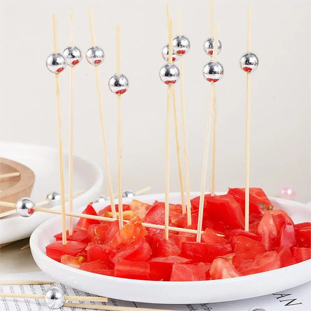 100pcs Pearl Bamboo Skewers | Gold Silver White Party Picks