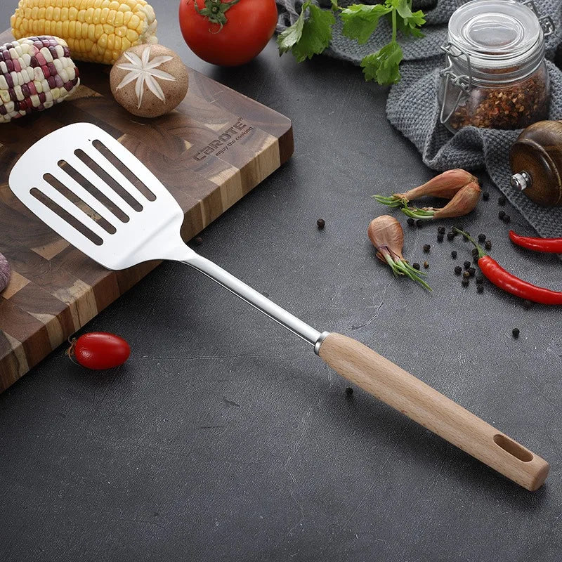 6-Piece Wooden Handle Stainless Steel Kitchen Utensil Set – Beech Wood Cooking Spoons & Spatulas