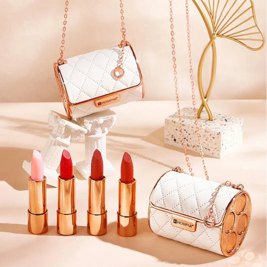 4-Color Matte Lipstick Set | Chain Bag White Leather Gift Box Lipstick Gift Set Peaceful Pleasures Health and Wellness
