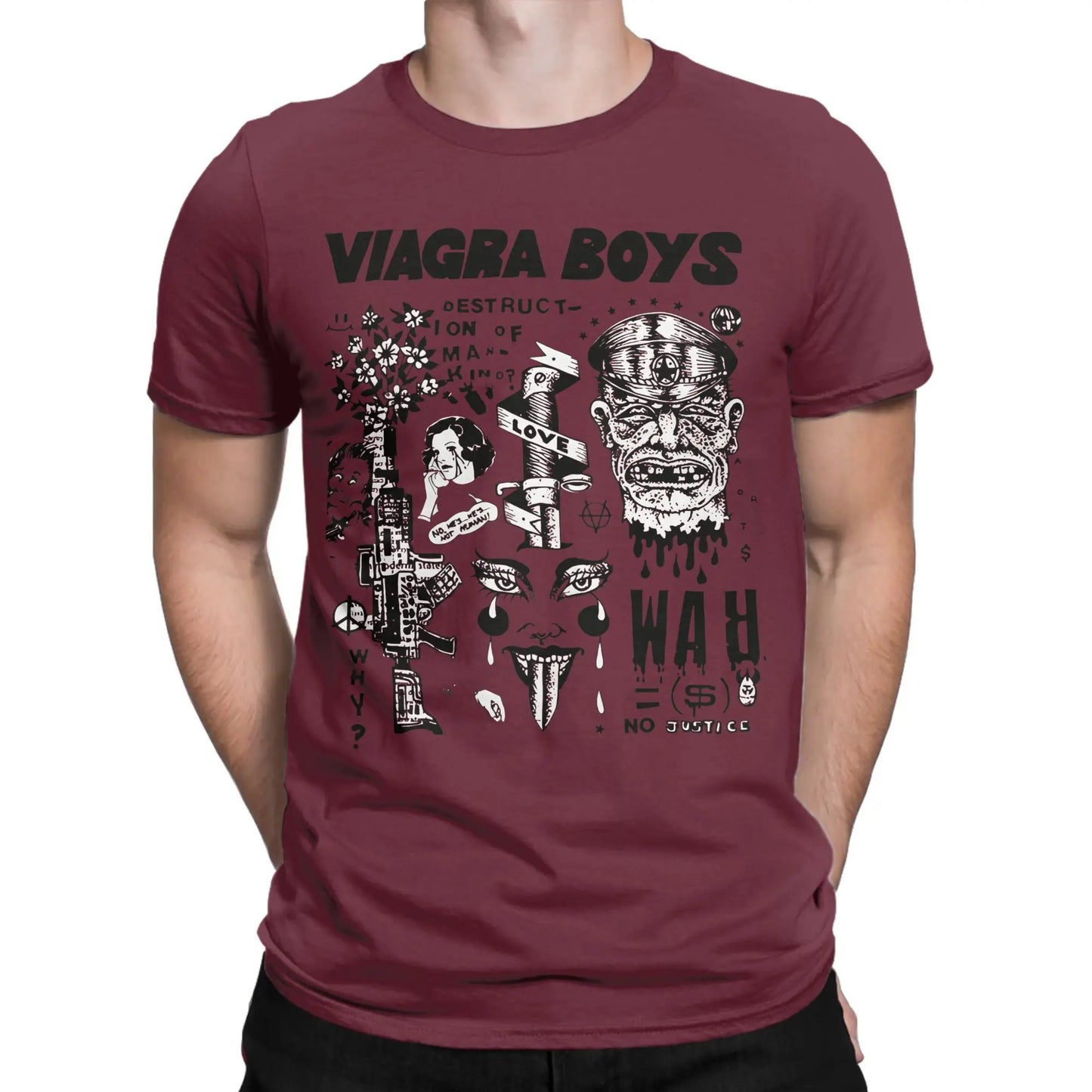 Viagra Boys Band Vintage Cotton T-Shirt | Men's Graphic Tee Band Graphic T-Shirt Peaceful Pleasures Health and Wellness Burgundy S
