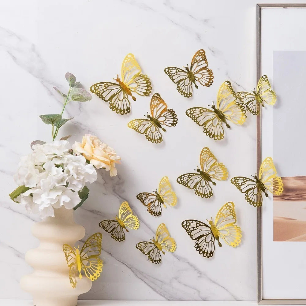 12pcs New 3D Butterfly Wall Stickers Self Adhesive Hollow Butterfly Butterfly Wallpaper DIY Decal Festival Decoration Peaceful Pleasures Health and Wellness A-Gold