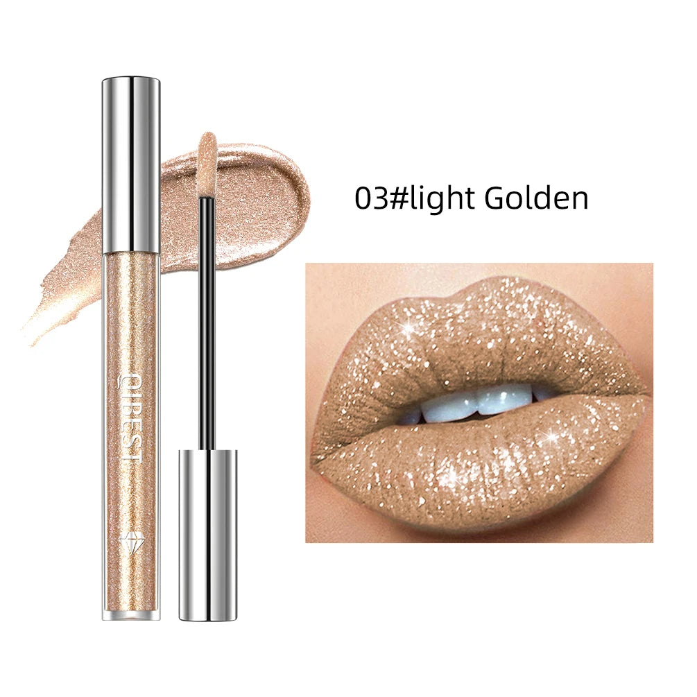 QIBEST shimmer lip gloss beauty girl diamond glitter lip tint waterproof long lasting 6 colors gray flash liquid lipstick makeup Peaceful Pleasures Health and Wellness 03 Light Golden