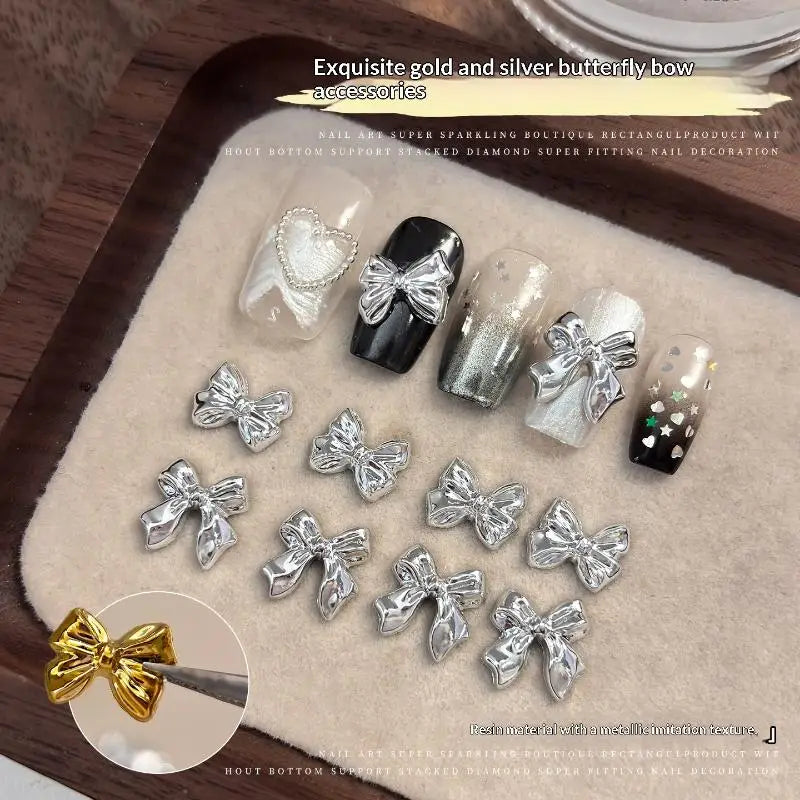 50pcs Gold Silver Brief French Bow Tie Bowknots Ribbon Resin Nail Art Rhinestones Decorations Manicure Imitation Metal Charms Peaceful Pleasures Health and Wellness