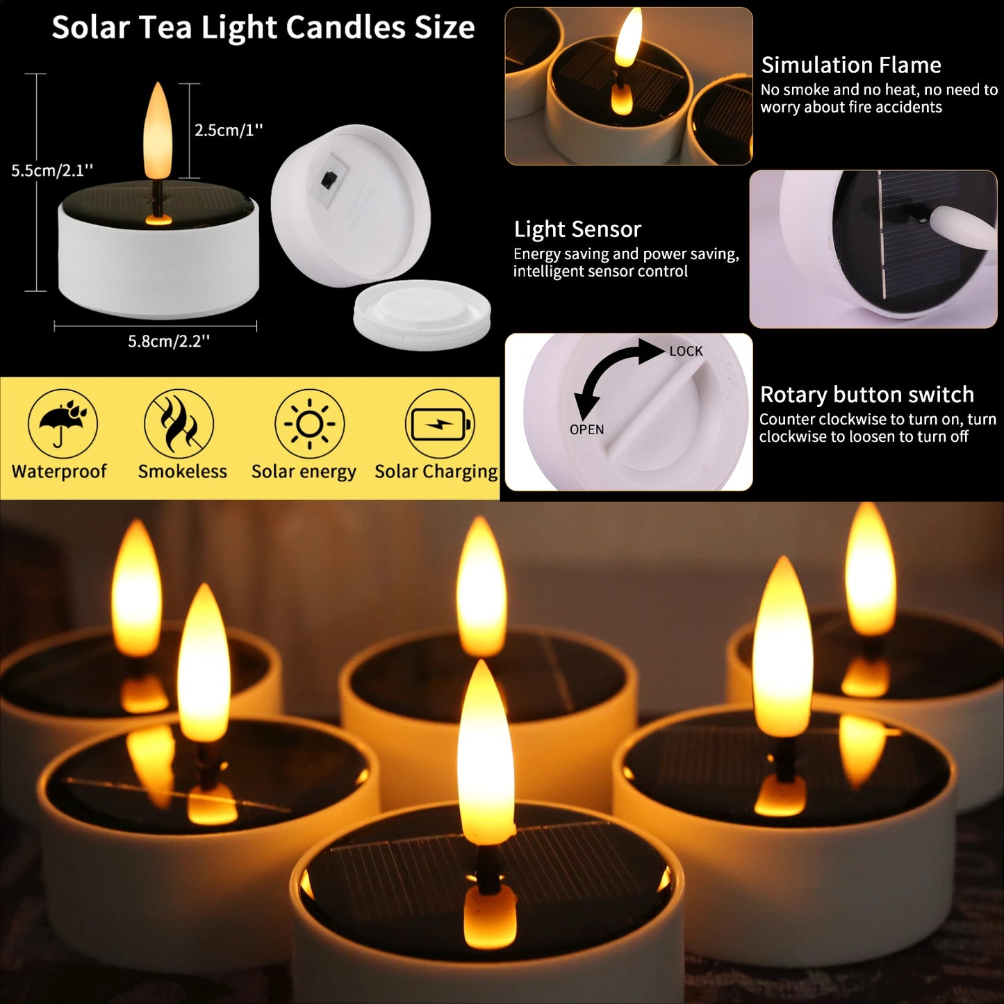 6PC/12PC Solar Tea Light LED Candles Flameless Outdoor Waterproof Rechargeable Candles for Pool Party Garden Home Porch Decor Peaceful Pleasures Health and Wellness