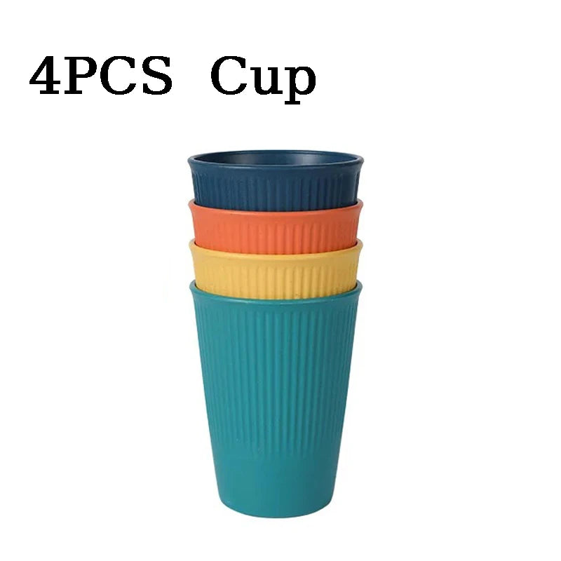 4pcs Wheat Straw Dinnerware Set Eco-friendly Safety Plates Cups Bowels Home Party Tableware Set Outdoor Camp Candy Colour Gift Peaceful Pleasures Health and Wellness 4PCS Cup