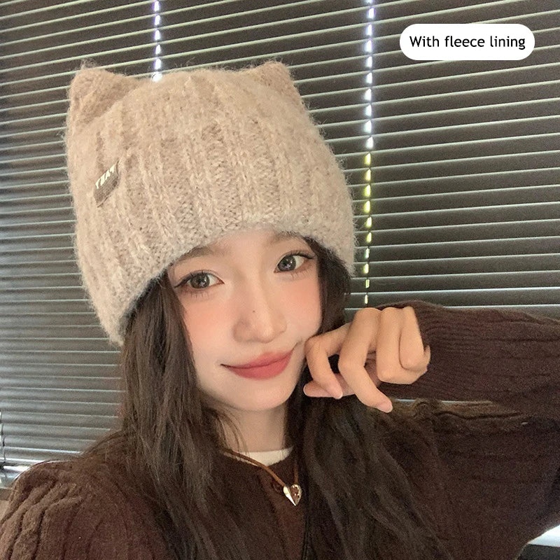 Cat Ear Knitted Beanie – Korean Style Winter Hat for Women