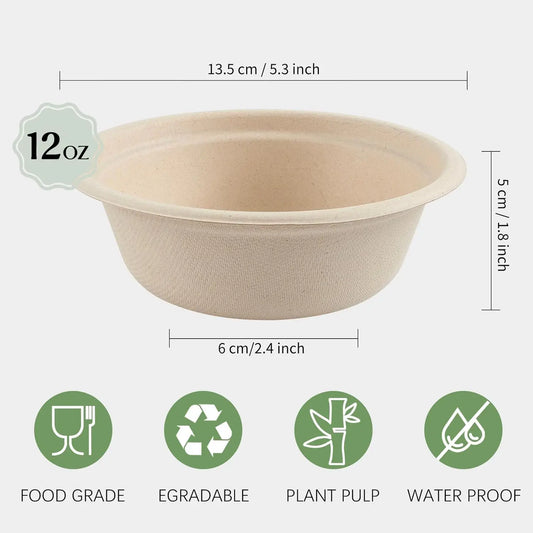 50/125/200 Paper Bowls 100% Compostable Disposable Soup Bowl 12oz Heavy Duty Eco-Friendly Biodegradable Straw Hot Food Natural Peaceful Pleasures Health and Wellness