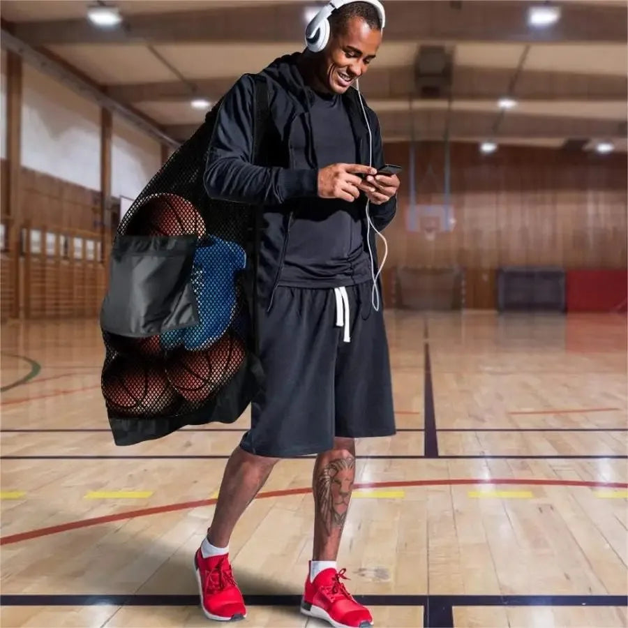 Large mesh sports bag with shoulder straps, drawstring bag for storing basketball, volleyball, baseball, and swimming equipment Peaceful Pleasures Health and Wellness