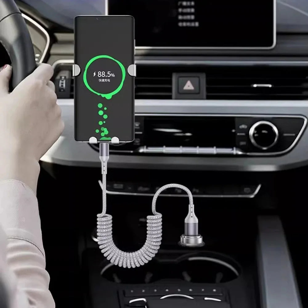 100W USB-C Retractable Spring Car Charger Cable | Fast Charge