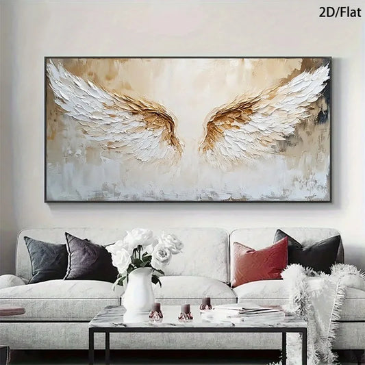 Frameless Modern Golden Angel Wings Canvas Wall Art - Golden & White Wing Design, High-Quality Print, Flat 2D Contemporary Decor Peaceful Pleasures Health and Wellness
