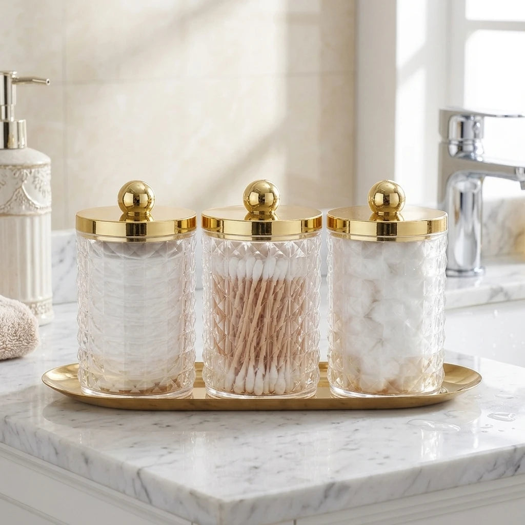 3-Piece Acrylic Q-Tip Holder & Apothecary Jar Set with Vanity Tray – Cotton Organizer with Lids