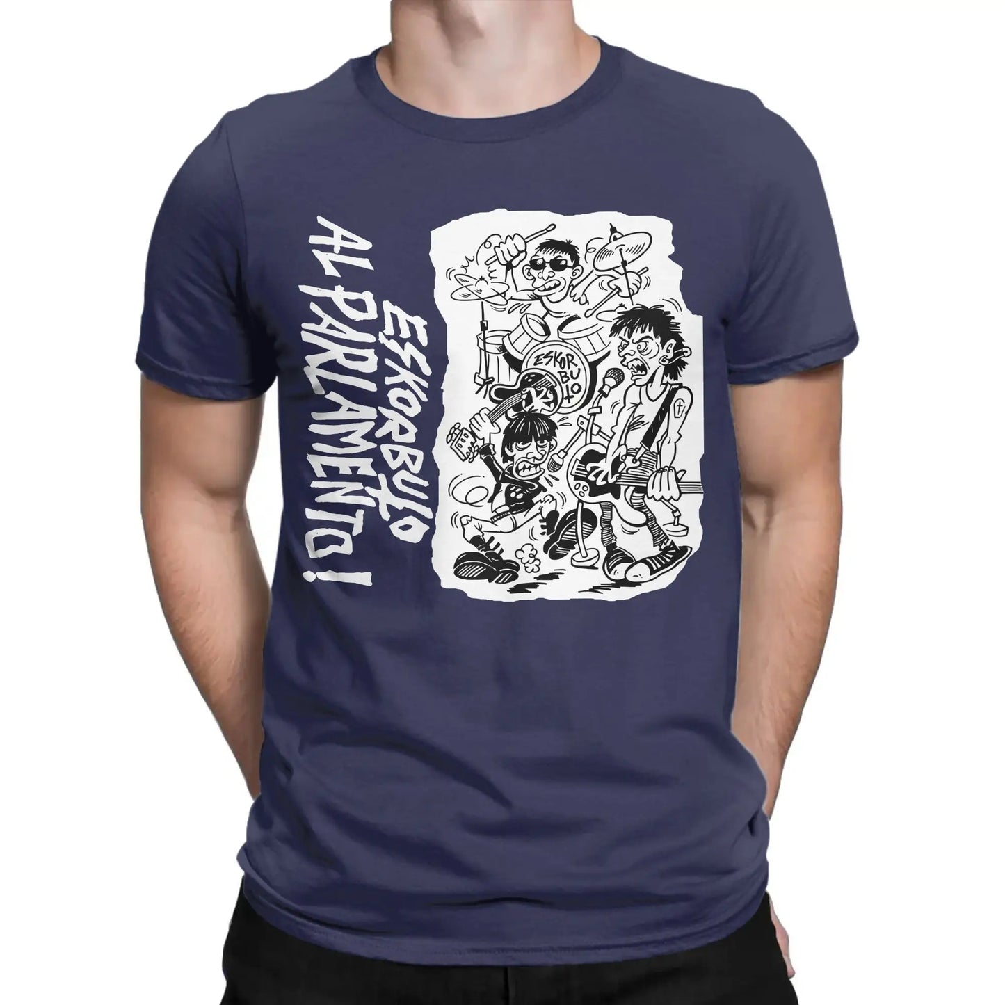 Creative Eskorbuto T-Shirt Men Crew Neck Pure Cotton T Shirts Singers Short Sleeve Tees Summer Clothing Peaceful Pleasures Health and Wellness Navy Blue L