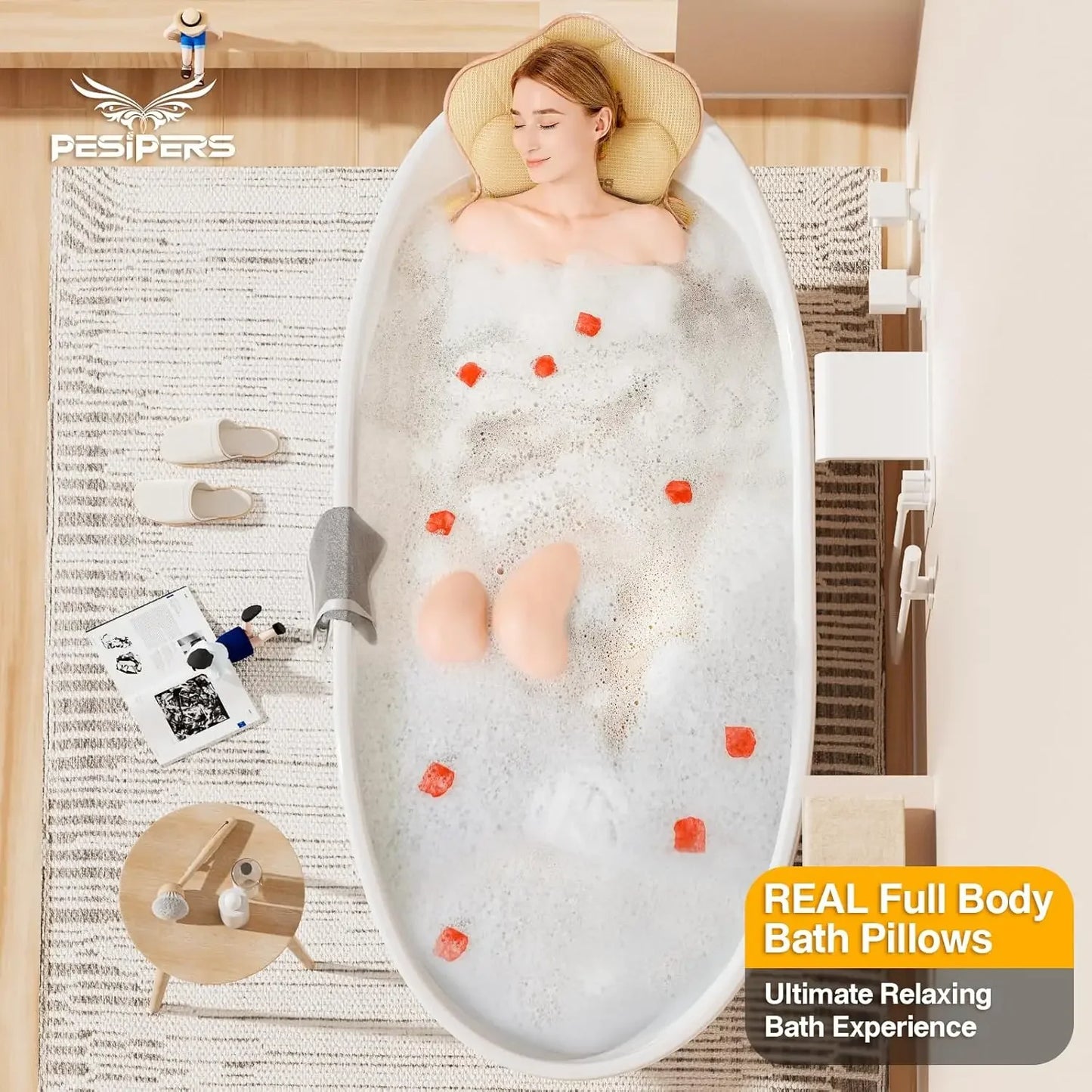 Full Body Bathtub Pillow – 13 Suction Cups, 3.9" Thick Air Mesh Peaceful Pleasures Health and Wellness