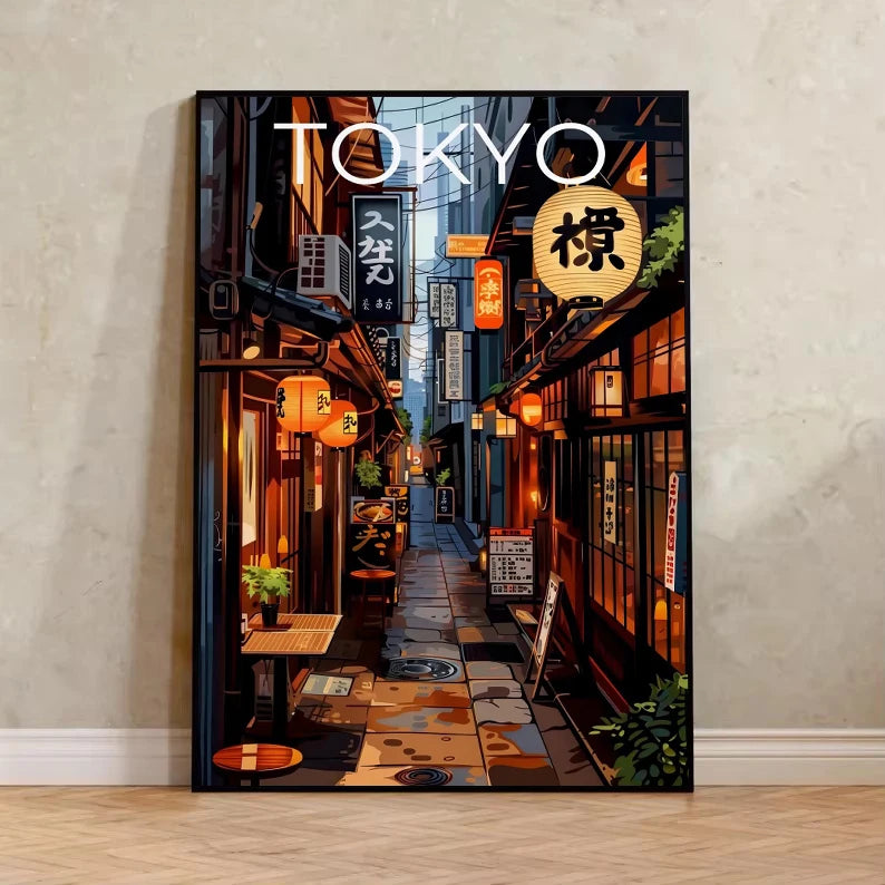 Retro Japanese Railway Landscape Canvas Print Tokyo Rainy Night Street Wall Art Poster for Modern Living Room Bedroom Home Decor Peaceful Pleasures Health and Wellness