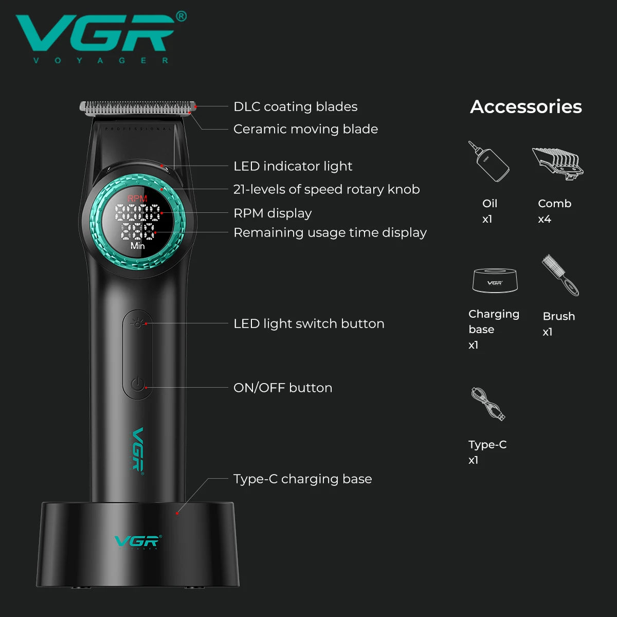 VGR Hair Trimmer Professional USB Hair Clipper Rechargeable Cordless Haircut LED DISPLAY Electric BLDC Motor Trimmer for V-977 Peaceful Pleasures Health and Wellness