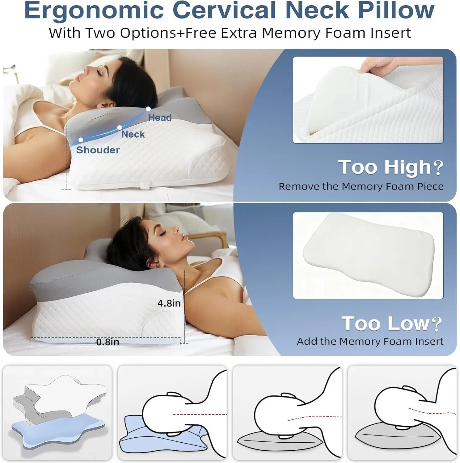 Adjustable Memory Foam Neck Pillow for Sleeping, Ergonomic Support for Side Back Stomach Sleepers Peaceful Pleasures Health and Wellness