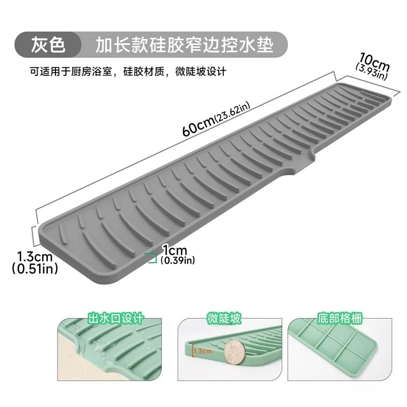 Sink Silicone Drain Mat Slope Diversion Water Pad Narrow Edge Water Control Mat Basin Splash Guard Pad Heat Resistant Drain Pad Peaceful Pleasures Health and Wellness grey -L60W10cm silicone