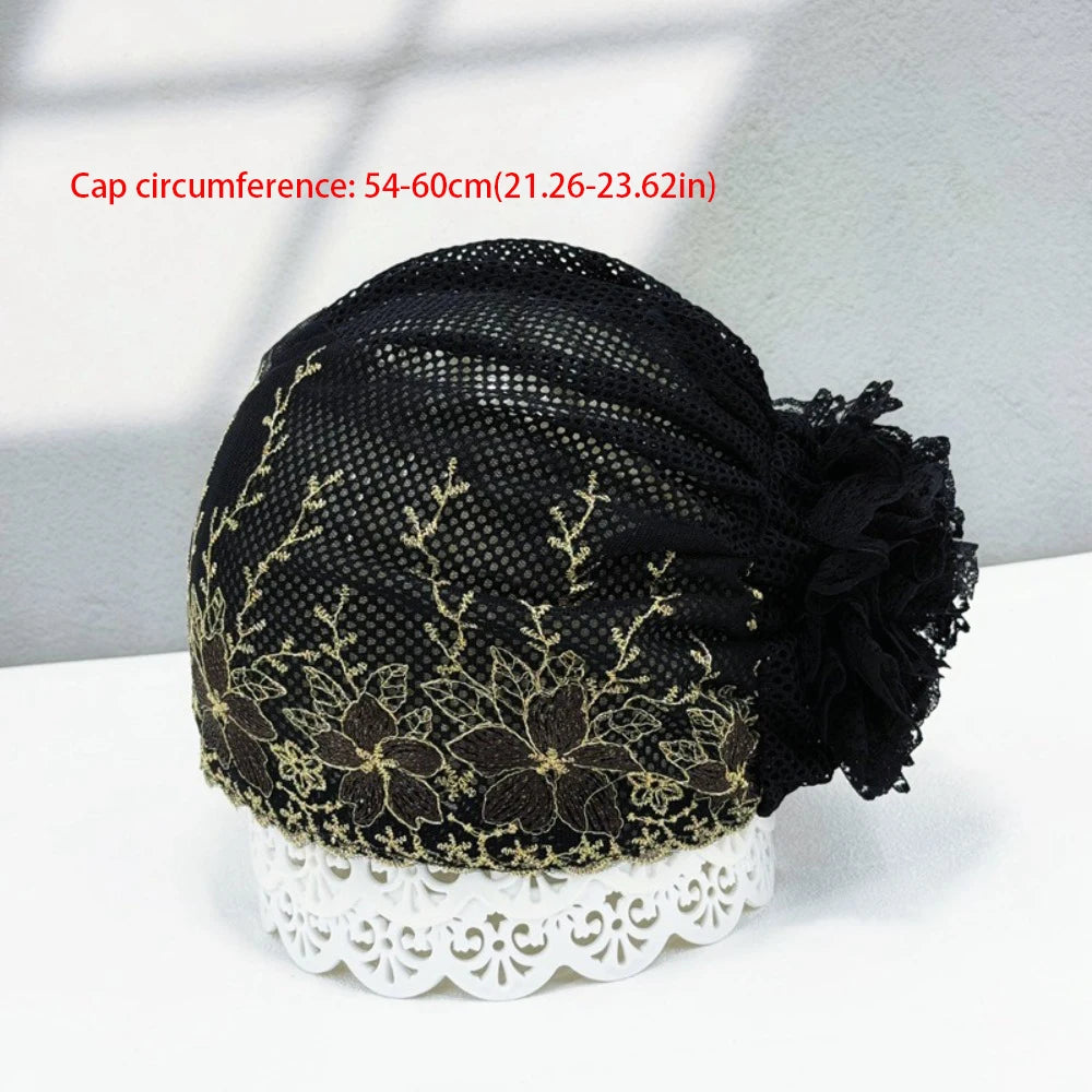 Flower Embroidery Turban Bonnet Hat – Elastic Lace Headscarf