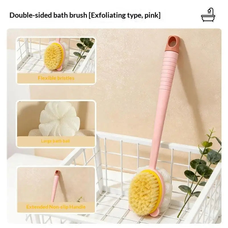 2-in-1 Long Handle Bath Brush & Exfoliating Loofah Puff