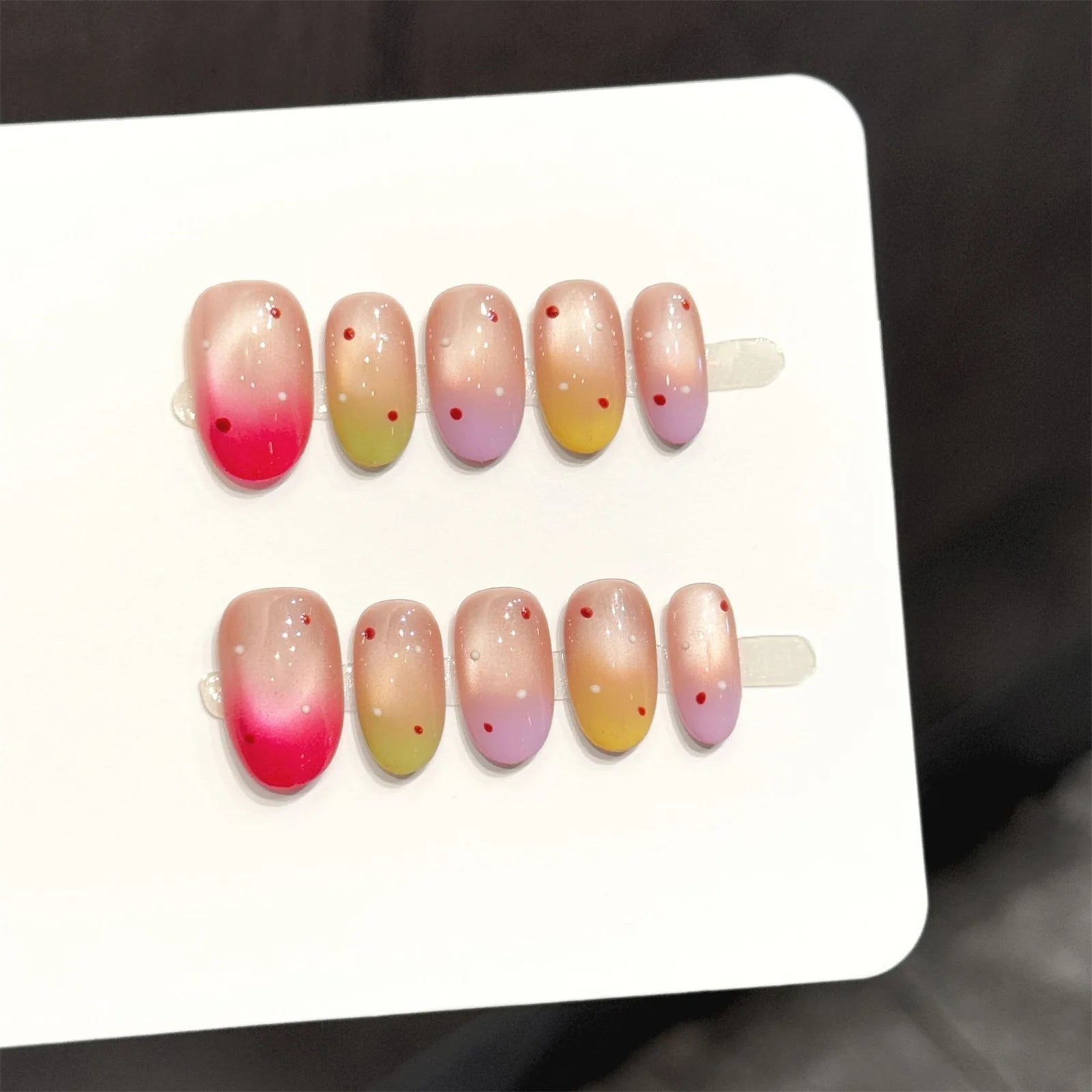 10pcs Handmade Press On Nails Rainbow Gradient Cat Eyes False Nails Short Oval Diy Manicure Nail Art Polka Dot Design For Women Peaceful Pleasures Health and Wellness