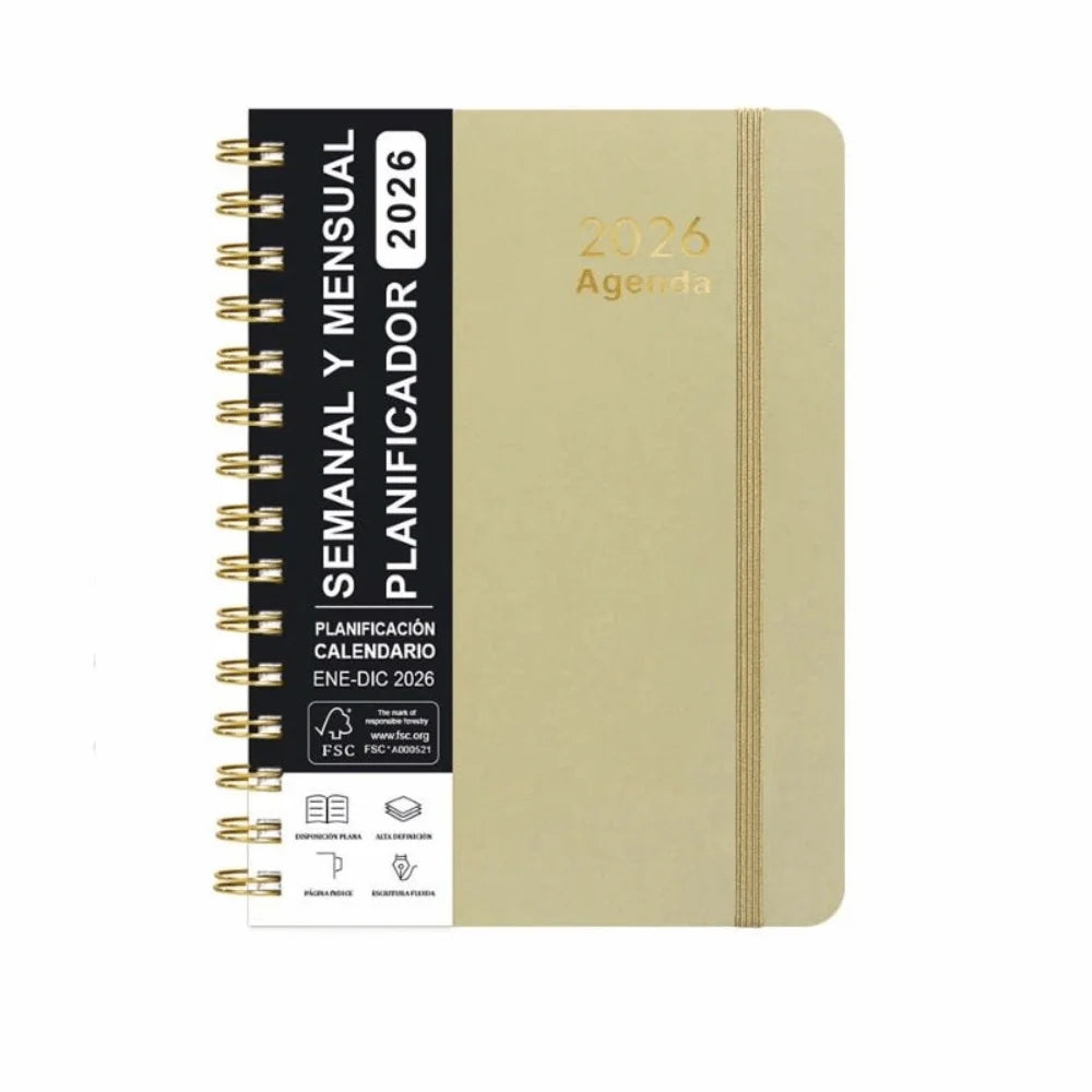 2026 Spanish Planner a5 Notebook Essential Daily Organizer Self-Tracking Diary Book Convenient Coil Calendar Peaceful Pleasures Health and Wellness Olive Green