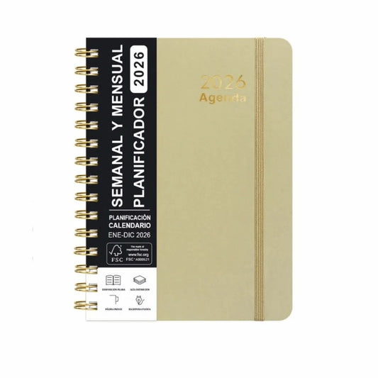 2026 Spanish Planner a5 Notebook Essential Daily Organizer Self-Tracking Diary Book Convenient Coil Calendar Peaceful Pleasures Health and Wellness Olive Green
