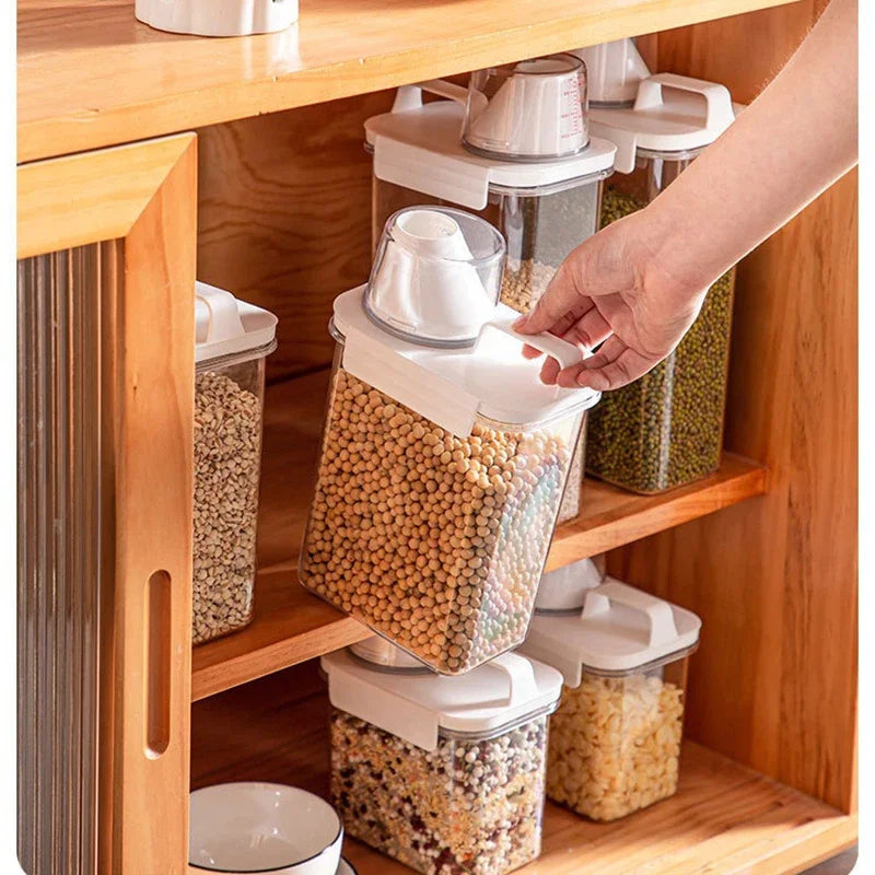 Airtight Transparent Rice & Grain Storage Bucket with Measuring Cup | Insect-Proof, Moisture-Proof, 1–2L