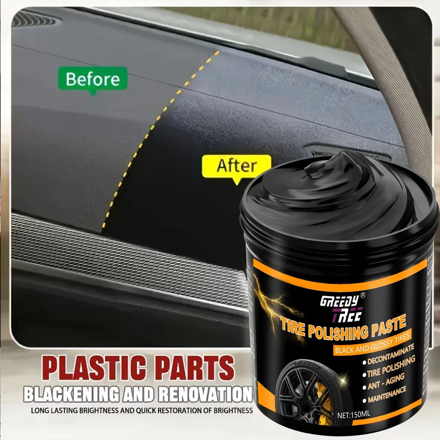 Tire & Plastic Restorer Cream – Deep Black Shine & UV Guard