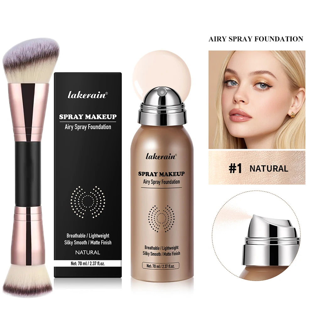 2pcs Spray Foundation With Brush Magic Airbrush Makeup 70ml Long Lasting Water proof Oil Control Matte Full Coverage Peaceful Pleasures Health and Wellness 1NATURAL
