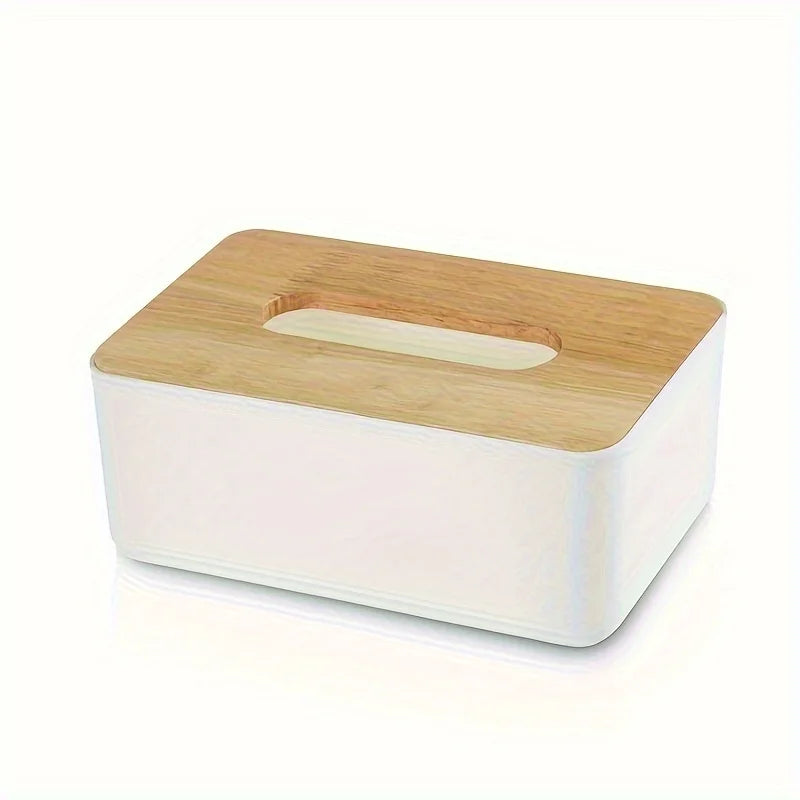 Minimalist Tissue Box Cover – Wooden Top Dustproof PP Organizer