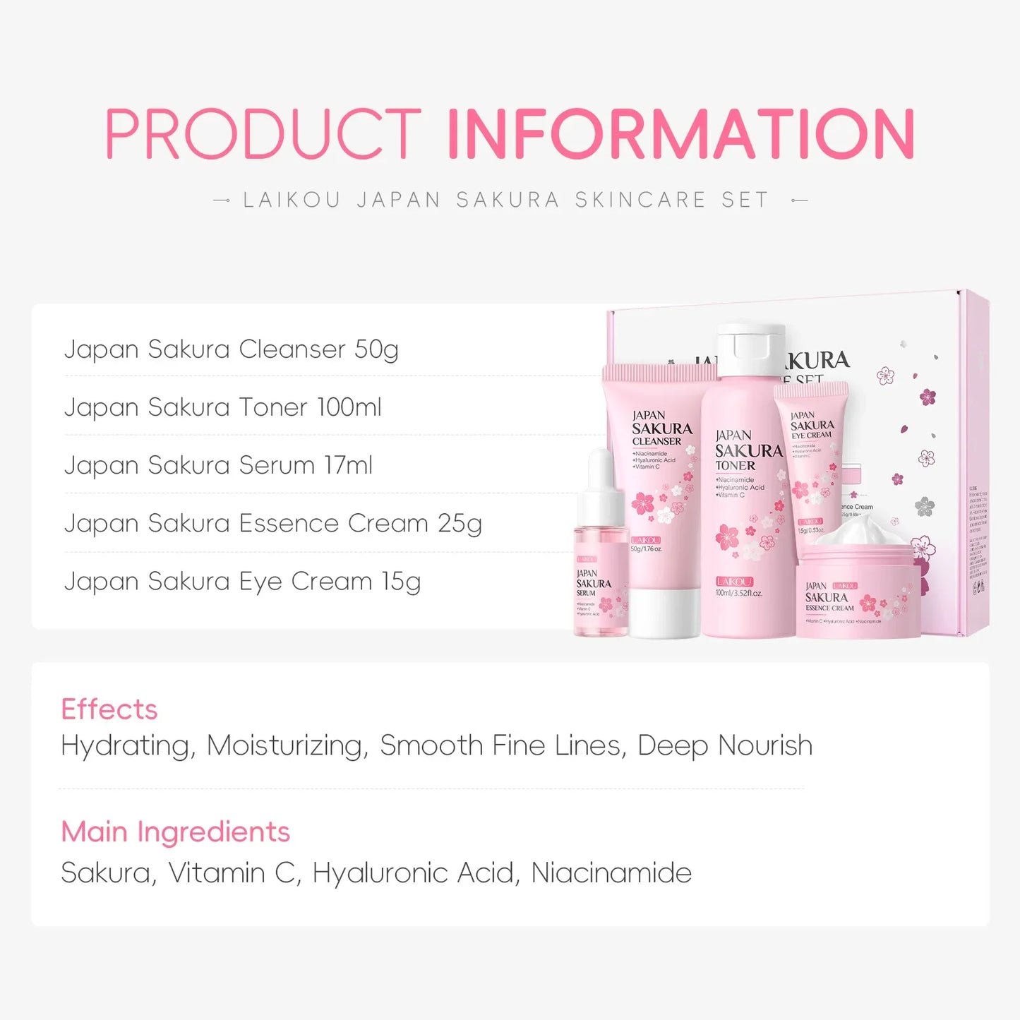 LAIKOU Sakura 5-Piece Skin Care Gift Set Peaceful Pleasures Health and Wellness