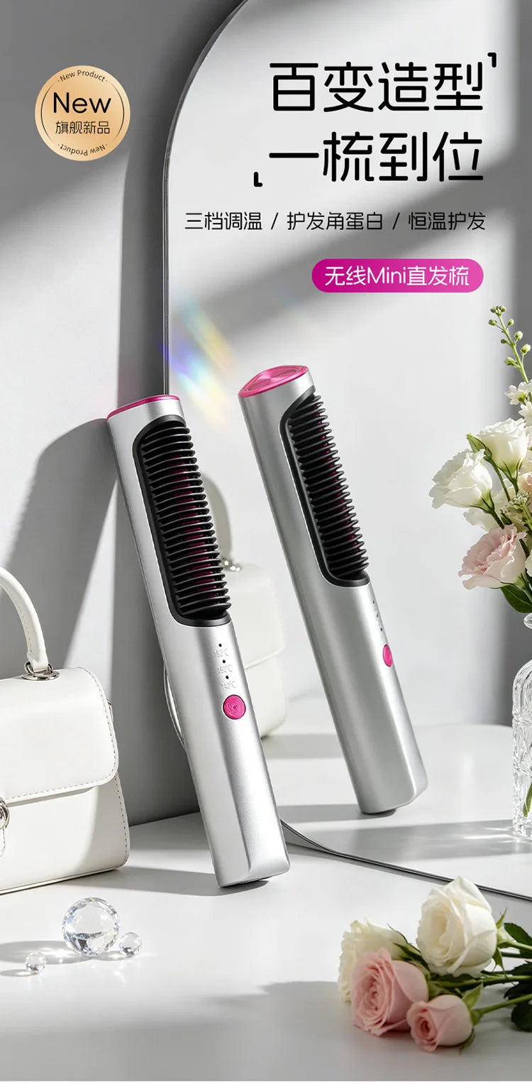 Mini Wireless Hair Straightening Comb – Portable Pocket Styler