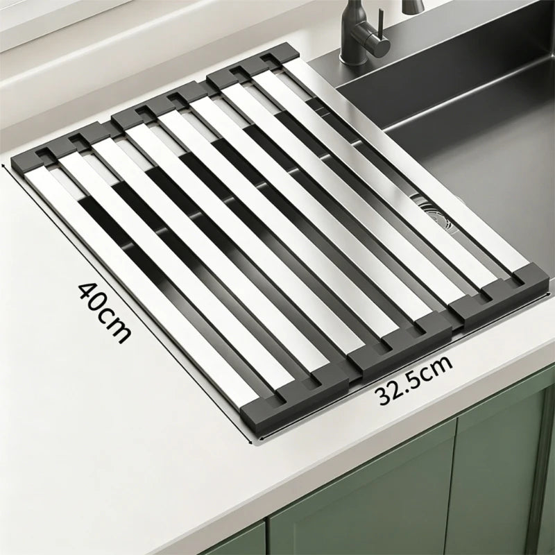 304 Stainless Steel Kitchen Sink Drain Rack Foldable Dish Drainer Rack Rack Sink Bowl and Dish Storage Rack Drying Storage Shelf Peaceful Pleasures Health and Wellness 40cmx32.5cm